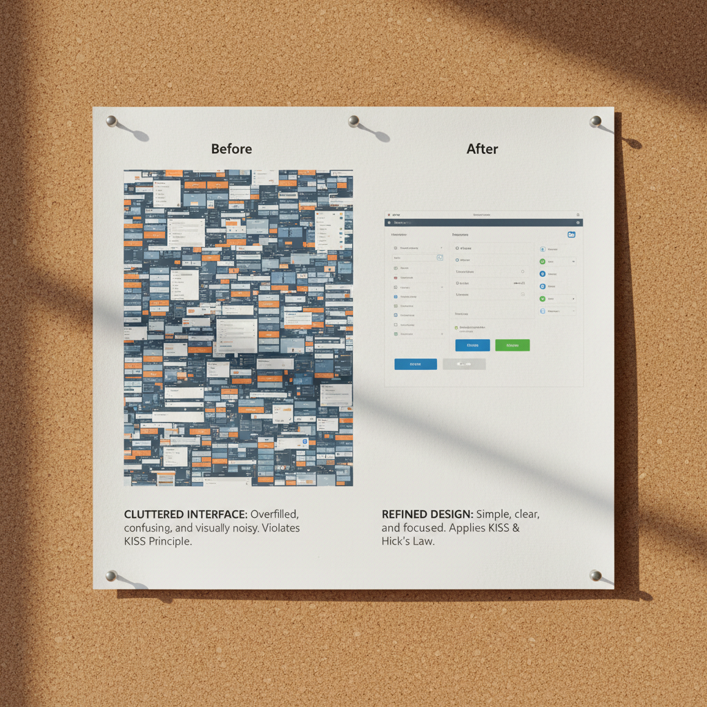 A side-by-side comparison poster pinned to a corkboard, photographed straight-on for clarity. On the left, a cluttered interface mockup overfilled with buttons and text; on the right, a refined version using KISS, generous white space, and reduced choices according to Hick’s Law. Each side is labeled with small, sharp typography: “Before” and “After,” plus brief captions beneath explaining each principle. Warm, natural light from a nearby window grazes the slightly textured cork, creating gentle shadows around the paper’s edges and thumbtacks. The color palette is muted with a few accent colors highlighting the improved design. The composition is symmetrical, sharp from edge to edge, with a professional, educational tone in photographic realism, ideal for demonstrating UX concepts visually.