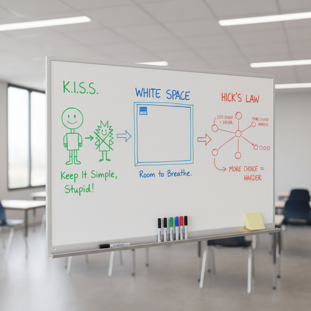 A large, wall-mounted whiteboard in a bright, modern classroom, captured from a slightly angled, eye-level perspective. On the whiteboard, three neatly drawn, color-coded diagrams explain KISS, white space, and Hick’s Law using simple shapes, arrows, and short handwritten labels. Magnetic markers rest in a metal tray beneath, and a stack of blank sticky notes sits on a nearby slim ledge. Soft overhead fluorescent lighting combined with indirect window light keeps the scene evenly lit without harsh glare, making the diagrams crisp and readable. The background shows only blurred hints of empty chairs and a clean floor, emphasizing the board as the main subject. The photographic realism and neutral color palette create a calm, instructional atmosphere suitable for teachers and classmates.