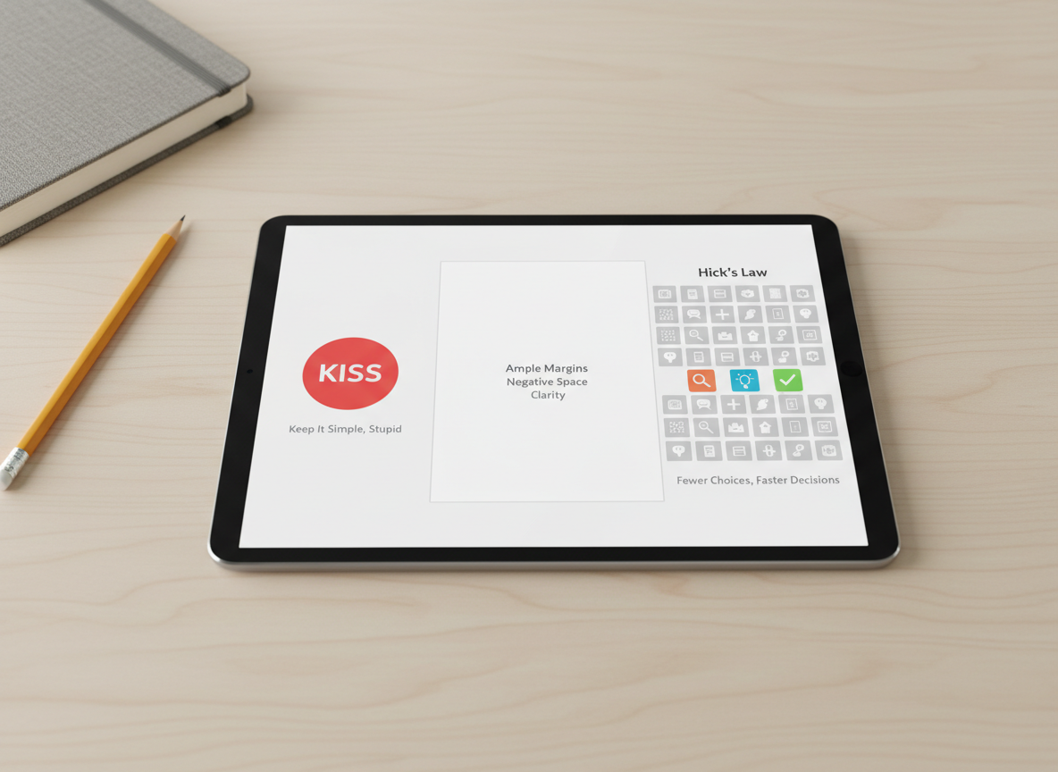 An overhead photographic view of a digital tablet lying on a pale birch wood table, its screen split into three clean sections. The first shows an ultra-simple app interface with one bold button titled “KISS,” the second is almost empty with large margins and sparse text visualizing white space, and the third presents a choice grid reduced from many faded icons to just a few clear, vivid ones for Hick’s Law. Soft studio lighting evenly illuminates the scene, minimizing harsh shadows and emphasizing the crisp, high-resolution UI details. A neutral, slightly blurred background with a single closed notebook and pencil keeps the atmosphere professional, calm, and analytical, perfect for explaining UX principles to students.