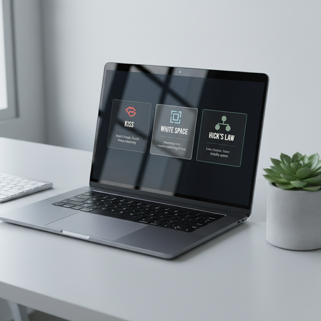 A high-resolution laptop screen in close-up, photographed on a tidy, light gray desk, displaying a dark-mode interface that visually explains KISS, white space, and Hick’s Law in three adjacent cards. Each card contains a simple icon, concise headline, and minimal explanatory text. Around the laptop, only a slim wireless keyboard and a single plant in a simple concrete pot provide context, reinforcing minimalism. Cool, even daylight from an unseen window casts a soft glow, adding faint reflections on the laptop’s metallic body. The mood is focused and professional, with a balanced composition using the rule of thirds and shallow depth of field that keeps the interface sharp while the surroundings blur slightly, supporting an educational UX portfolio.