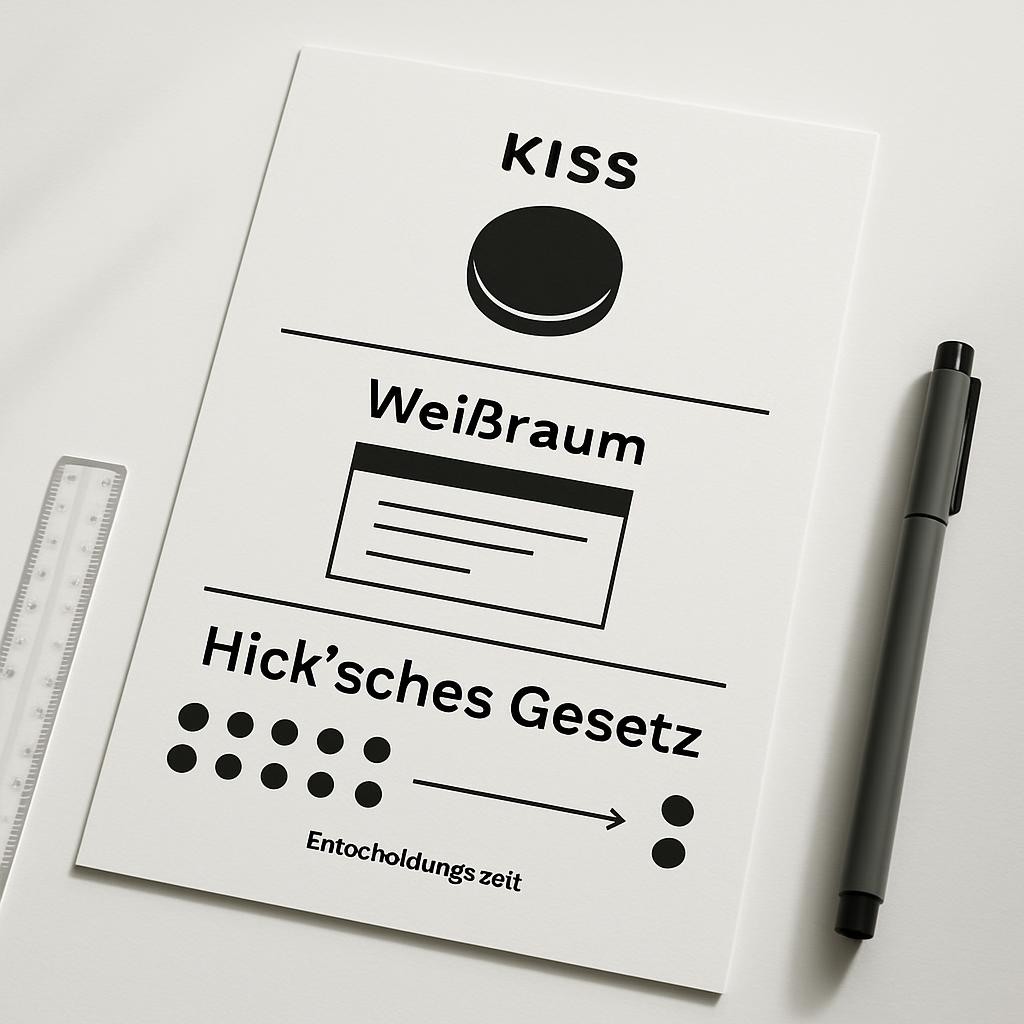 A minimal, high-contrast infographic print lying flat on a white tabletop, captured from a slightly elevated angle. The sheet is divided horizontally: the top half titled “KISS” with a simple icon of a single large button; the middle titled “Weißraum” showing a sparse layout with large margins and airy spacing; the bottom titled “Hick’sches Gesetz” depicting a timeline where many choice icons reduce to a few, labeled with decreasing decision time. Soft, diffused daylight from the left illuminates the smooth paper surface, giving subtle shadows on the right edge. A translucent ruler and a fine-liner pen rest nearby, hinting at precise design work. The photographic, clean, and modern aesthetic supports a clear, teacher-friendly explanation of UX principles.